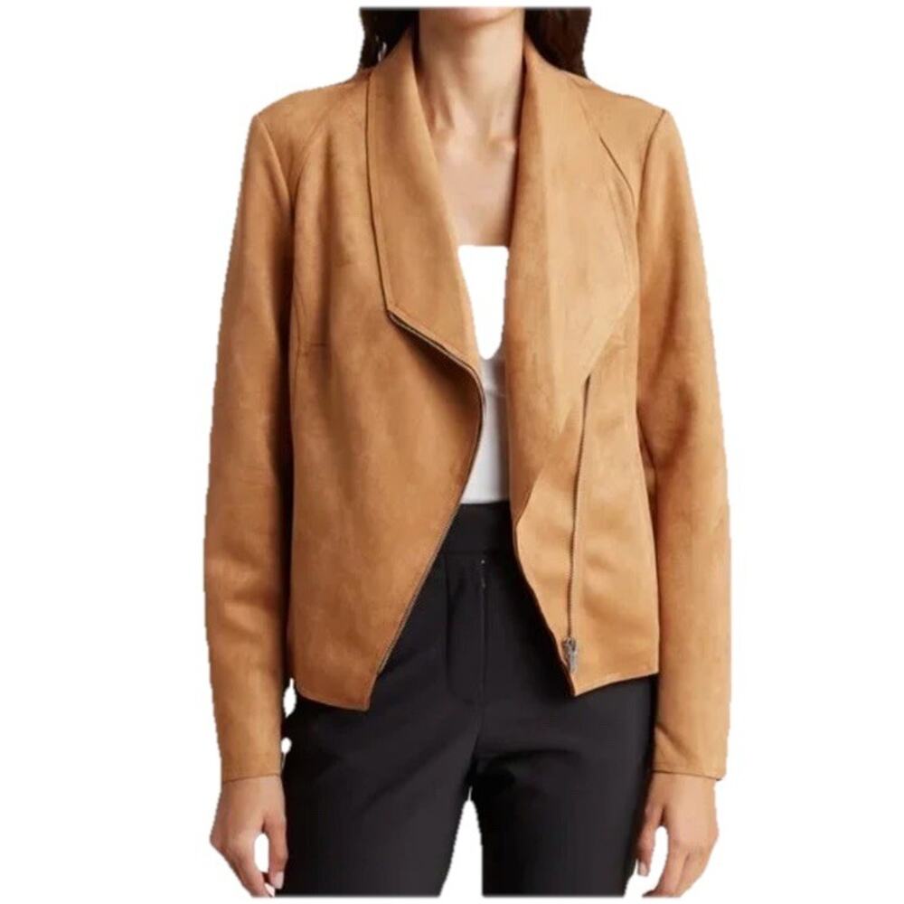 New Tahari Brown Faux Leather Suede Long Sleeve Zip Up Moto Coat Jacket Top XS